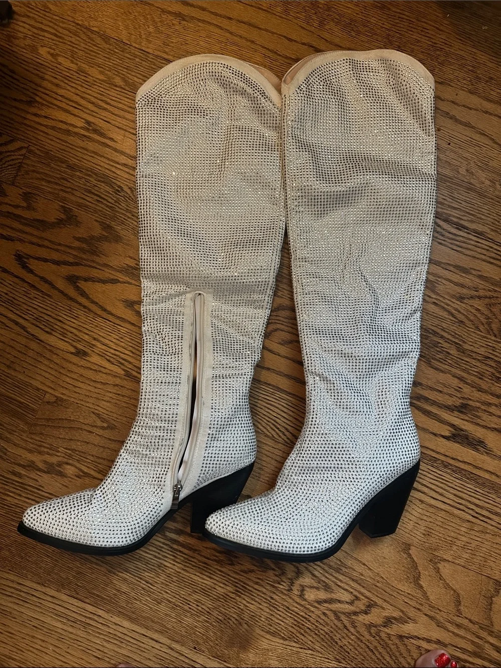 Knee-High White Rhinestone Block Heel Boots